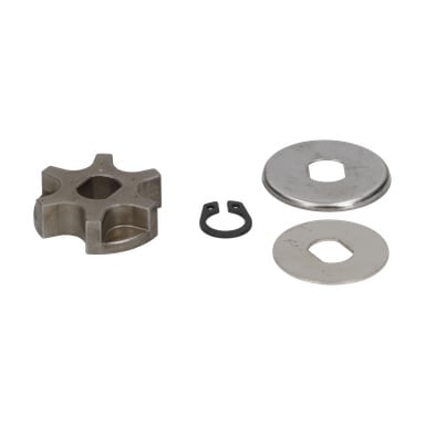 Sprocket Cpl F. 013184 har en stjärnformad metalldel, en rund klämma och två skivor, var och en med distinkta hål.