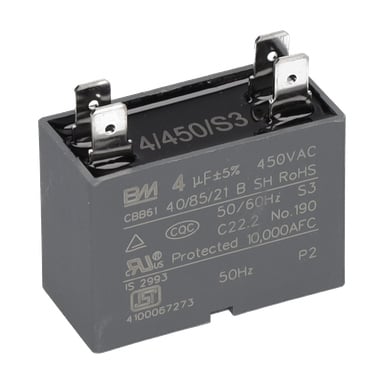 Svart rektangulär 4uF kondensator för fläkt, fyra toppstift, front märkt 4μF ±5%, 450VAC, 50/60Hz och modell 41450/S3.