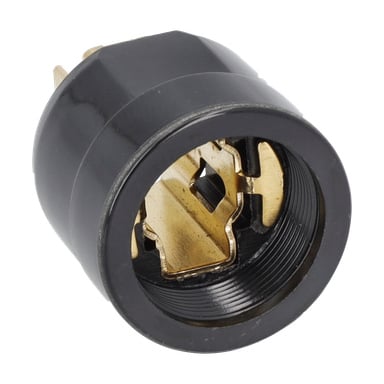 Vinklad närbild av Carbon Holder F. 017523, en svart adapter med exponerade mässingskontakter, innerdelar och gängad kant.