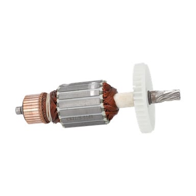 Närbild av Rotor F. 017523 med koppartrådlindningar, en metallkärna och ett vitt plastkugghjul i ena änden.