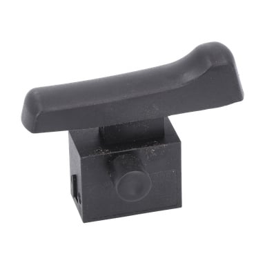Power Switch F. 017523 har en svart plastknapp med rektangulär bas och vinklad spak.