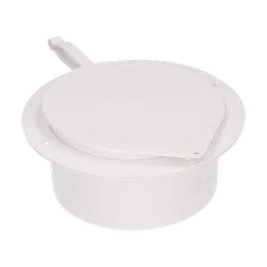 Outer Air Connection F. 013946 är en vit, rund plastbehållare med ett platt gångjärnslock och ett litet sidohandtag.