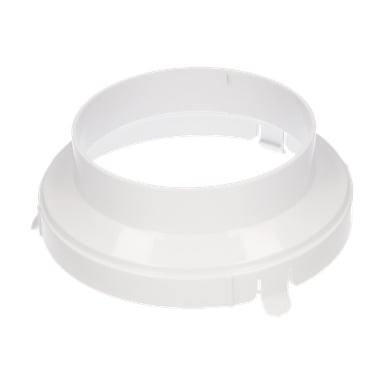 En vit, rund plastadapter för luftkonditionering med bred bas, mindre öppning ovanpå, slät yta och hackade kanter.
