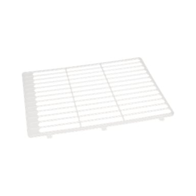 Filter F. 013946 är ett vitt plastgallerställ med små fötter, med jämnt fördelade stänger för platt placering och elevation.