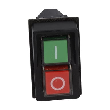 En rektangulär svart vippbrytare har en grön knapp med en vertikal linje ovanför en röd knapp med en cirkelsymbol.