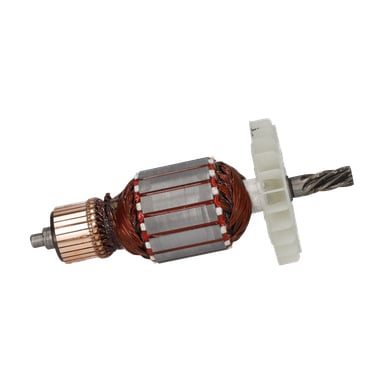 Rotor F. 017711 har kopparlindningar, metallkärndelar, en segmenterad kommutator och ett vitt plastkugghjul i ena änden.