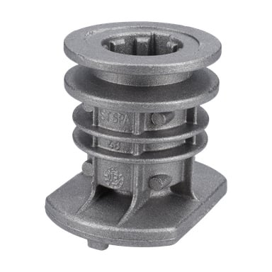 Blade Attachm D=25mm 2023- to metalowy cylinder z trzema rowkami, płaskim podstawą, centralnym otworem i małymi tłoczonymi detalami.