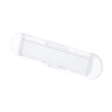 Light Cover F. 001582 är en transparent, rektangulär plastreflektor med rundade kanter och ett rutnätsmönster i mitten.