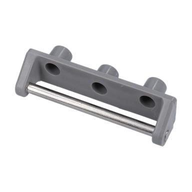 Gångjärnsfästet F. 001582 är en grå plastkontakt med tre cylindriska hål och en metallstång vid basen.