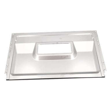 Dörr Inner F. 018208 har en rektangulär metallpanel, upphöjd mitt, central utskärning och kantmonteringshål.