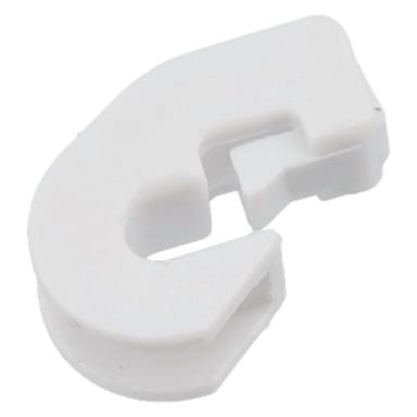 Dörrkontrollen F. 018208 är en vit, böjd plastklämma med öppen slits och en urtagen sektion nära dess inre kurva.
