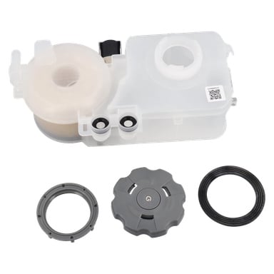 Softener F. 018208 är en plastdel till en bildel med genomskinlig behållare, filter, grå lock, svart packning och grå ring.