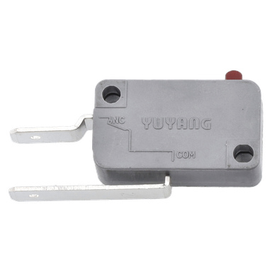 Rektangulär grå Microswitch F. 018208 med NC- och COM-metallterminaler, YUYANG-märkning och en röd knapp uppe till höger.