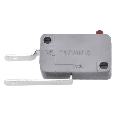 Rektangulär grå Microswitch F. 018208 med NC- och COM-metallterminaler, YUYANG-märkning och en röd knapp uppe till höger.