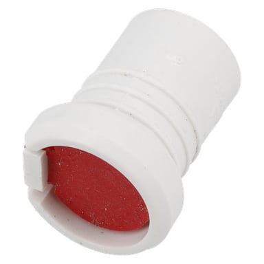 En vit plastventil med ryggstopp med räfflad kropp, röd rund spets och en liten sidoflik, synlig i vinkel.