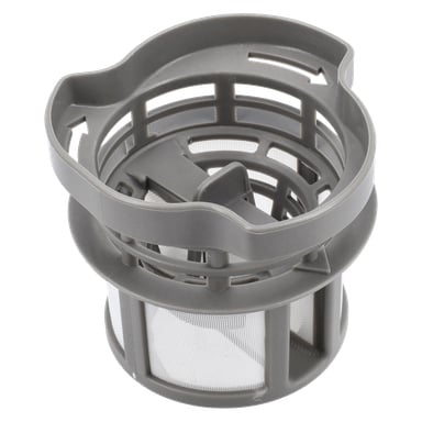 Grå cylindriskt diskmaskinfilter F. 018208 med plastram och fina nätsidor, byggd för att fånga upp skräp under tvättcykler.
