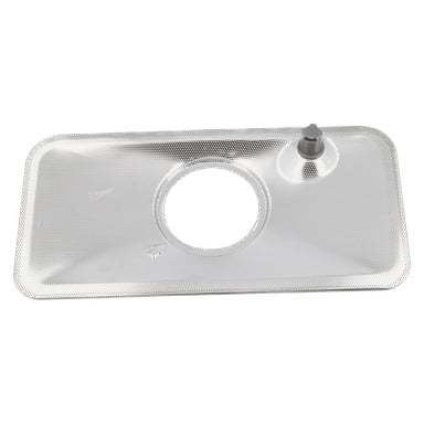 Rektangulär silverperforerad metallplatta med ett stort centralt hål och en liten upphöjd knopp nära ett hörn.