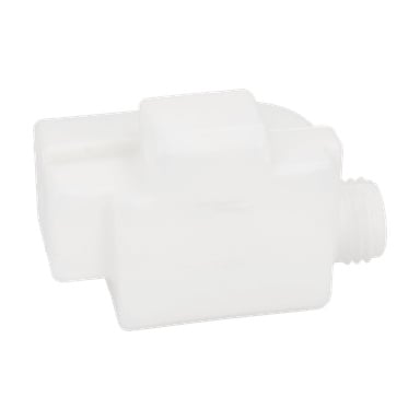 Oljetanken F. 011229 er en hvit rektangulær plastdel med gjengeende ende og hevet topp, brukt som kobling eller kobling.