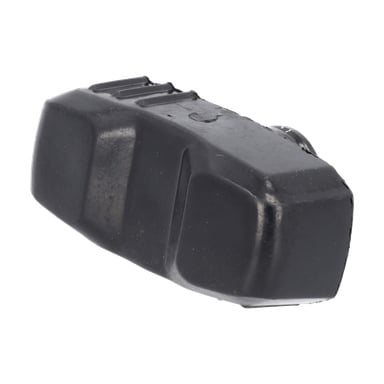 Närbild av Lock Knob F Chain Cover 011229, en svart rektangulär cykeldel, fångad i vinkel.