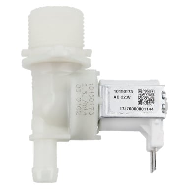 Vit plastmagnetventil med gängad inlopp, cylindrisk kropp, metallspole märkt 10150173 AC 220V, QR-kod och serienummer.