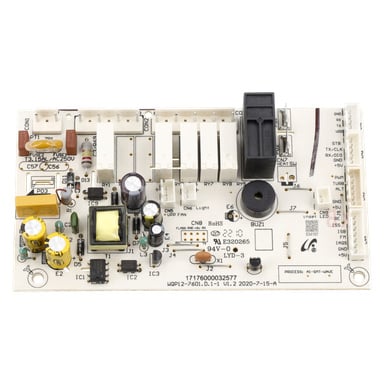 Huvudkontrollpanel F. 018208 med märkta kondensatorer, motstånd, reläer, kontakter och IC:er; märkt WQP12-7601.0-D1-1 V1.2 2020-7-15-A.