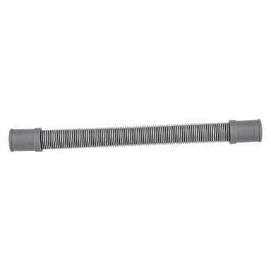 Drain Pipe F. 018208 är ett grått, flexibelt korrugerat rör med släta cylindriska kopplingar i båda ändar.
