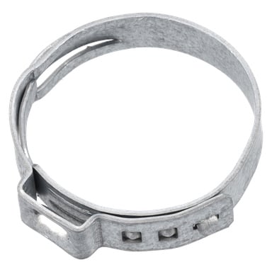Närbild av Clamp 510 F. 018208, med en slät, cirkulär metallkropp med slitsad justering och överlappande öppna ändar.