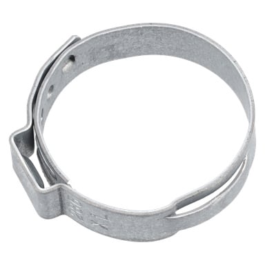 Närbild av Clamp 513 F. 018208, en metallslangklämma med rund form och krimpfunktion för att fästa slangar ordentligt.