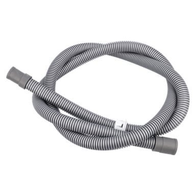 Spiralad grå korrugerad avloppsslang F. 018208 med kopplingar i båda ändar, designad för tvättmaskiner eller diskmaskiner.