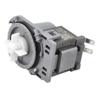 Närbild på en grå och vit dräneringspump som visar en plastimpeller, metallkontakter och märkta tillverkaredetaljer på sidan.