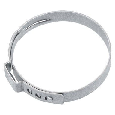 Klämma 533 F. 018208 är en metallslangklämma med ett slätt band och spår vid spännet, som används för att säkra slangar eller rör.