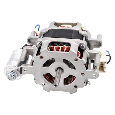 Närbild på D.Wash Pump F. 018208 elmotor som visar exponerade ledningar, metallhölje, centralaxel, kopparspolar och kontakter.