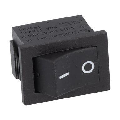 Svart rektangulär vippknapp märkt F. 013433/013434, med en vit linje för "på" och en cirkel för "av" upptill.