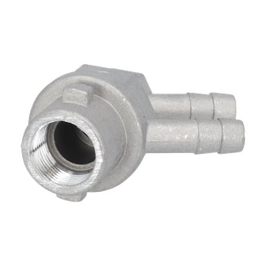 Fäste F Munstycke F. 013433/434 metallkoppling har en gängad ände och två taggiga slangkopplingar för att ansluta slangar i VVS-system.