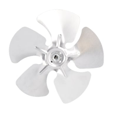 Fan-dieselvärmaren har en fyrbladig propeller i metall sett ovanifrån, där varje blad böjer sig utåt från centralnavet.
