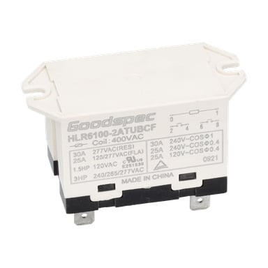 Rektangulärt vitt relä med "Relay 380-400W Ac 25A F.013517" etikett, specifikationer, ledningsschema och metallterminaler vid basen.