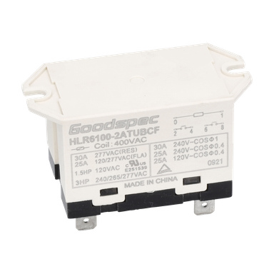 Rektangulärt vitt relä med "Relay 380-400W Ac 25A F.013517" etikett, specifikationer, ledningsschema och metallterminaler vid basen.