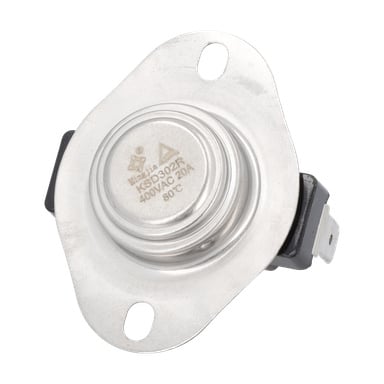 Närbild på termostaten 400V/20A F. 013517, som visar metallkropp, monteringshål, sidoterminaler och etikett KSD302FR 400VAC 20A 80°C.