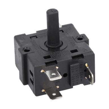 Strömbrytare F. 013517, en svart roterande brytare med en central axel och fyra sidoterminaler, visar specifikationer på ytan.