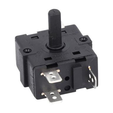 Power Switch F. 013435 är en svart roterande brytare med en central ratt, fyra metallterminaler, hörnfästningshål och ytmärkning.