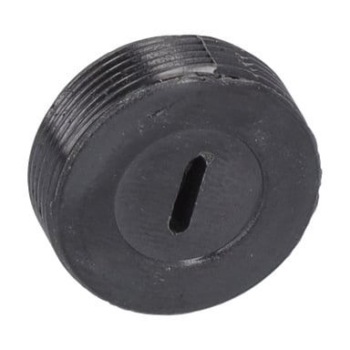 Svart, rund plastlock F. 017523 med gängning, central platt spår och en lätt texturerad yta som visar mindre slitage.
