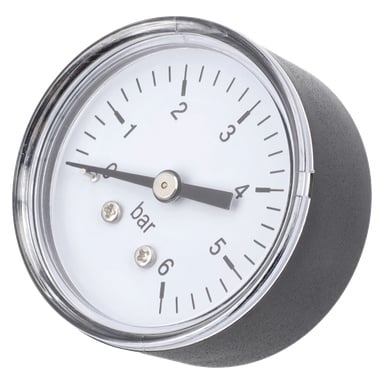 Tryckmätarhydroforpump med rund analog display, vit skiva, svarta 0–6 siffror, två nålar på 0 och 2, stångetikett, glasskydd.