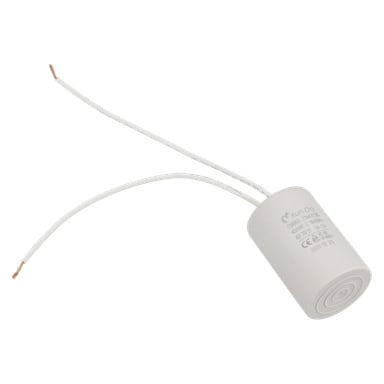 En vit cylindrisk kondensator F. 015256/259/273 med två ledare som sträcker sig från toppen och tekniska detaljer tryckta på sidan.