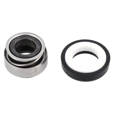 Två mekaniska Seal F. 015256-enheter sida vid sida; Vänster är metall och gummi, höger har en vit inre ring och en svart yttre ring.