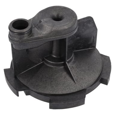 Diffusor F. 015256: svart plastdel med rund bas, mittkolumn, lutande topp med hål, sidorör och matt finish.