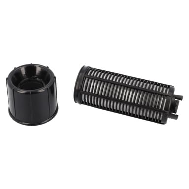 Ett svart cylindriskt hydroforfilter med slitsade sidoöppningar och en avtagbar lock placerad bredvid.