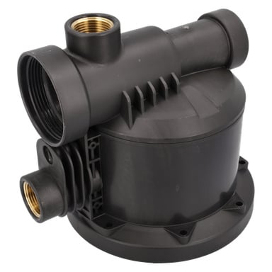 Zbliżenie na obudowę pompy F. 015259/015275 pokazujące czarne plastikowe i metalowe korpusy, gwintowane porty, żebra chłodzące i okrągłą podstawę.