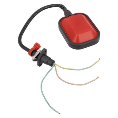 Röd och svart flottör F. 015277 flottörbrytare med kabel, tre exponerade ledningar (brun, blå, grön/gul), för kontroll av vätskenivån.