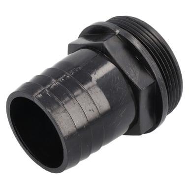 Svart plastadapter för nedsänkbar pump med gängad hane och räfflad slangtagg, som visar mindre ytrepor.