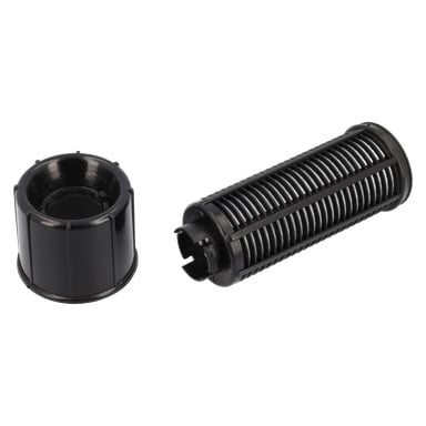 Filter Cpl F. 015275, ett svart cylindriskt filter med slitsade öppningar, sitter bredvid sitt matchande svarta plastlock.